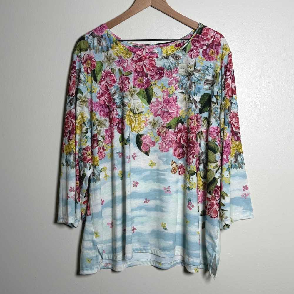 Allison Daley Woman‎ 3X Floral Rhinestone Embellished 3/4 Sleeve Top Multicolor